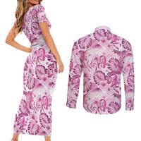 Pink Ribbon Hibiscus Tropical Pattern Couples Matching Short Sleeve Bodycon Dress and Long Sleeve Button Shirt Breast Cancer