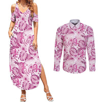 Pink Ribbon Hibiscus Tropical Pattern Couples Matching Summer Maxi Dress and Long Sleeve Button Shirt Breast Cancer LT01 Pink - Polynesian Pride