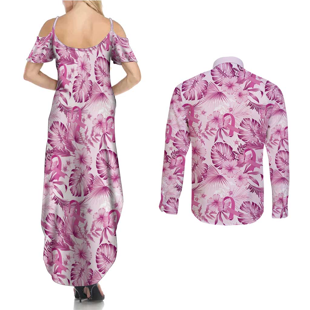 Pink Ribbon Hibiscus Tropical Pattern Couples Matching Summer Maxi Dress and Long Sleeve Button Shirt Breast Cancer LT01 - Polynesian Pride