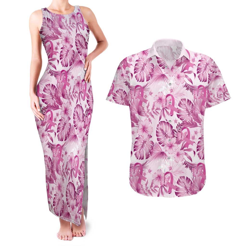 Pink Ribbon Hibiscus Tropical Pattern Couples Matching Tank Maxi Dress and Hawaiian Shirt Breast Cancer