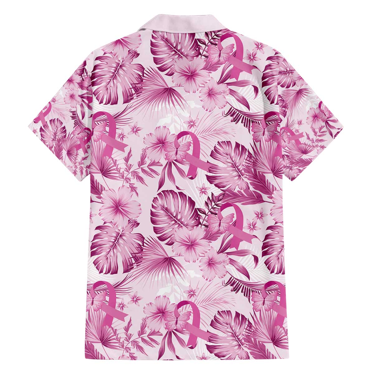 Pink Ribbon Hibiscus Tropical Pattern Family Matching Off The Shoulder Long Sleeve Dress and Hawaiian Shirt Breast Cancer