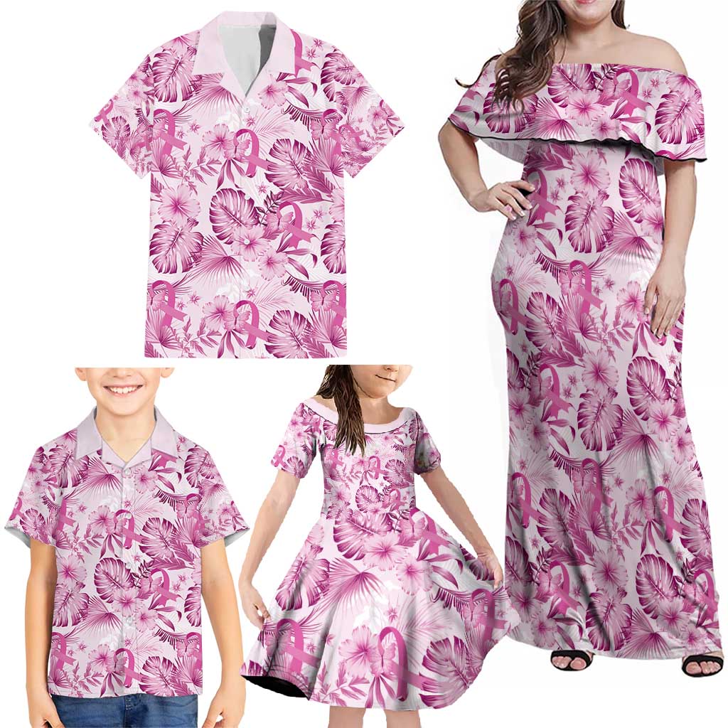 Pink Ribbon Hibiscus Tropical Pattern Family Matching Off Shoulder Maxi Dress and Hawaiian Shirt Breast Cancer