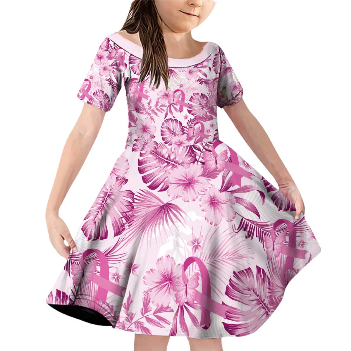 Pink Ribbon Hibiscus Tropical Pattern Family Matching Off Shoulder Short Dress and Hawaiian Shirt Breast Cancer