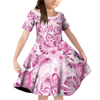 Pink Ribbon Hibiscus Tropical Pattern Family Matching Off Shoulder Short Dress and Hawaiian Shirt Breast Cancer