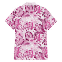 Pink Ribbon Hibiscus Tropical Pattern Family Matching Off Shoulder Short Dress and Hawaiian Shirt Breast Cancer