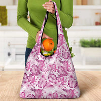 Pink Ribbon Hibiscus Tropical Pattern Grocery Bag Breast Cancer