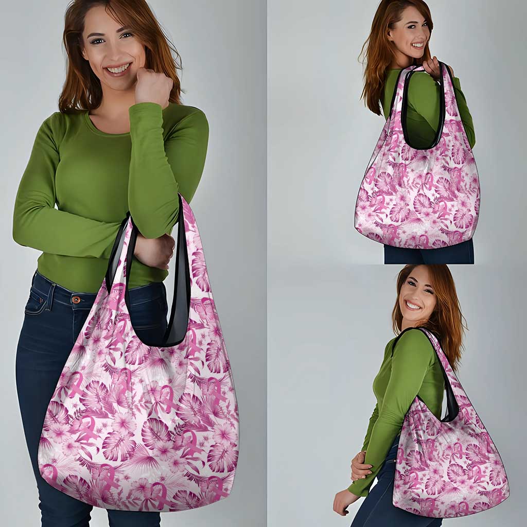 Pink Ribbon Hibiscus Tropical Pattern Grocery Bag Breast Cancer