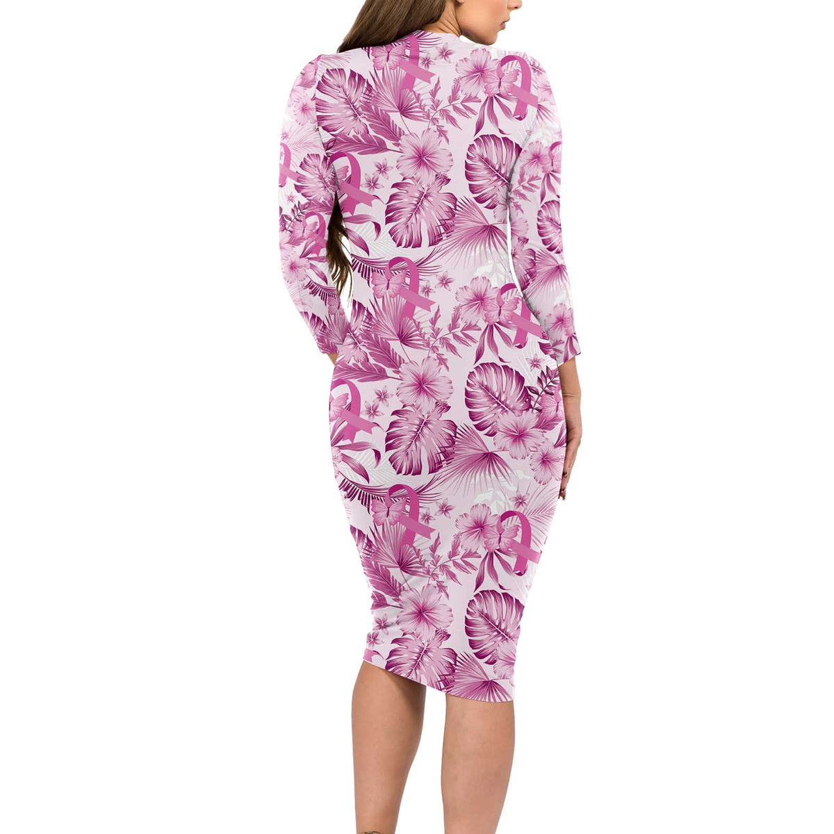 Pink Ribbon Hibiscus Tropical Pattern Long Sleeve Bodycon Dress Breast Cancer