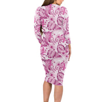Pink Ribbon Hibiscus Tropical Pattern Long Sleeve Bodycon Dress Breast Cancer
