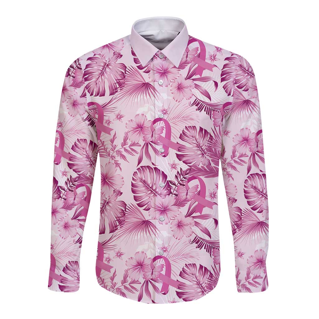 Pink Ribbon Hibiscus Tropical Pattern Long Sleeve Button Shirt Breast Cancer