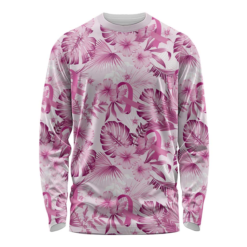 Pink Ribbon Hibiscus Tropical Pattern Long Sleeve Shirt Breast Cancer