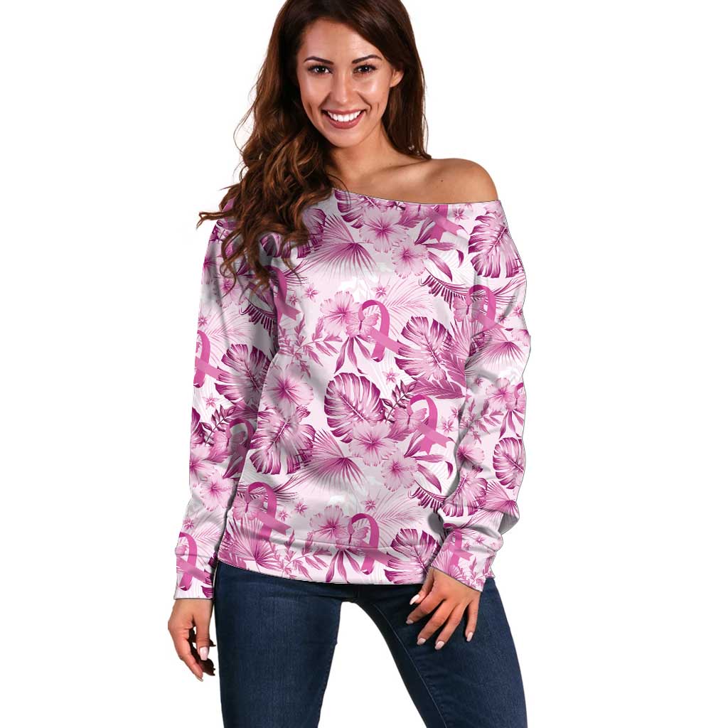 Pink Ribbon Hibiscus Tropical Pattern Off Shoulder Sweater Breast Cancer