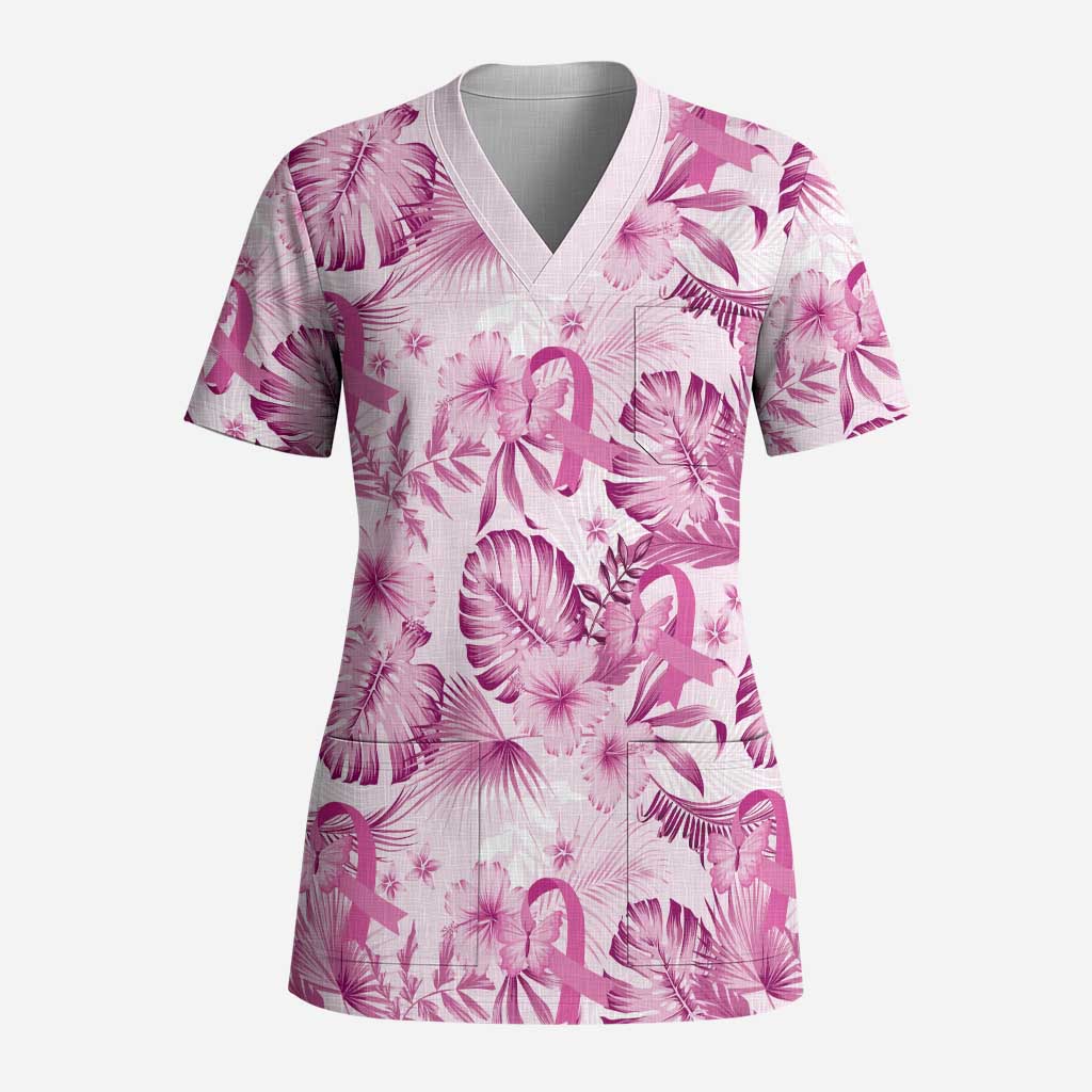 Pink Ribbon Hibiscus Tropical Pattern Scrub Top Breast Cancer LT01 Adult Pink - Polynesian Pride