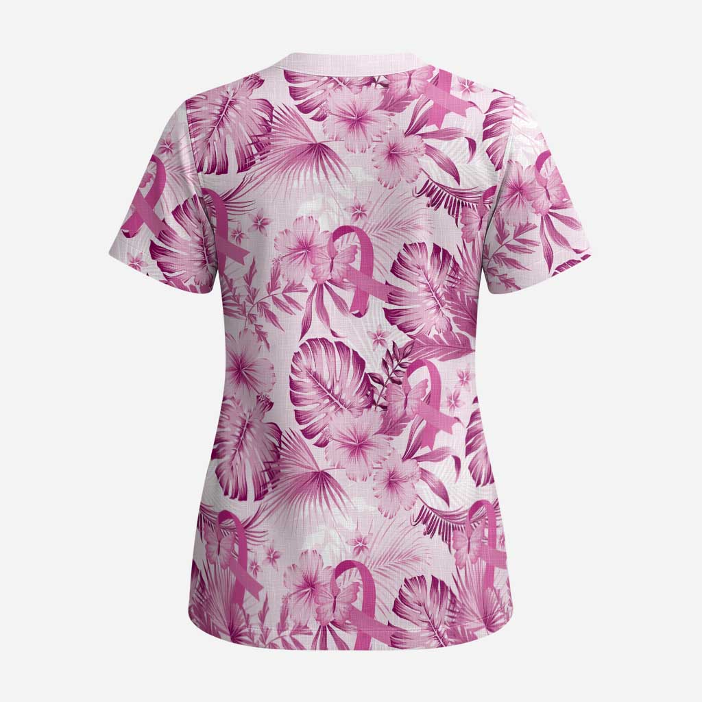 Pink Ribbon Hibiscus Tropical Pattern Scrub Top Breast Cancer LT01 - Polynesian Pride