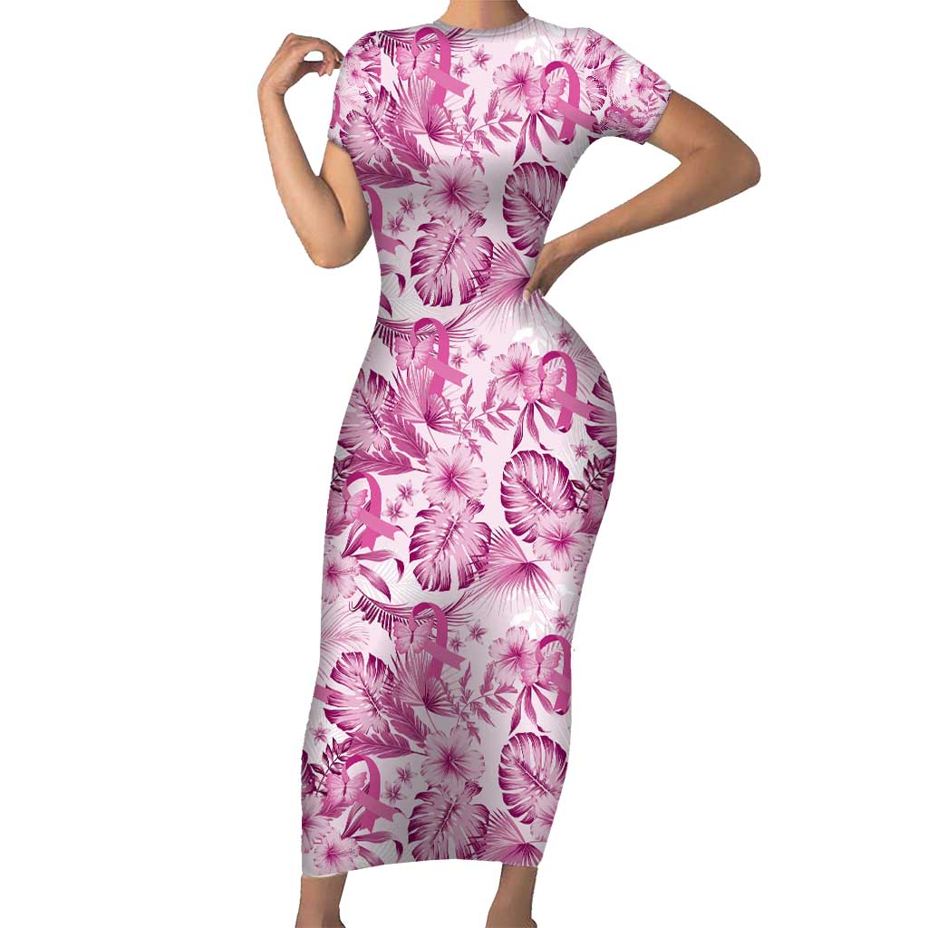 Pink Ribbon Hibiscus Tropical Pattern Short Sleeve Bodycon Dress Breast Cancer