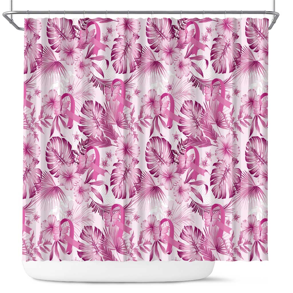 Pink Ribbon Hibiscus Tropical Pattern Shower Curtain Breast Cancer