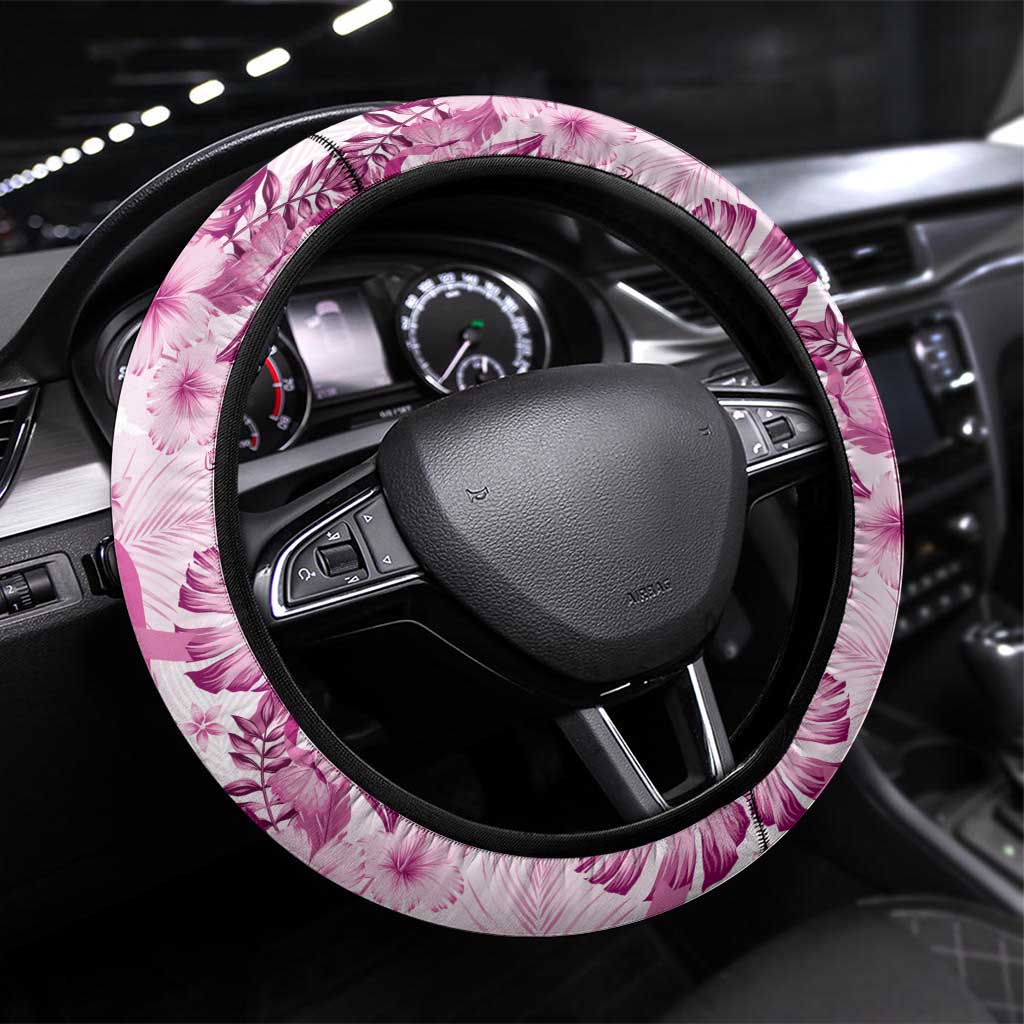 Pink Ribbon Hibiscus Tropical Pattern Steering Wheel Cover Breast Cancer LT01 Universal Fit Pink - Polynesian Pride