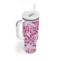 Pink Ribbon Hibiscus Tropical Pattern Tumbler With Handle Breast Cancer