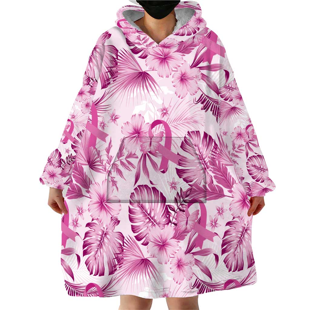 Pink Ribbon Hibiscus Tropical Pattern Wearable Blanket Hoodie Breast Cancer LT01 - Polynesian Pride