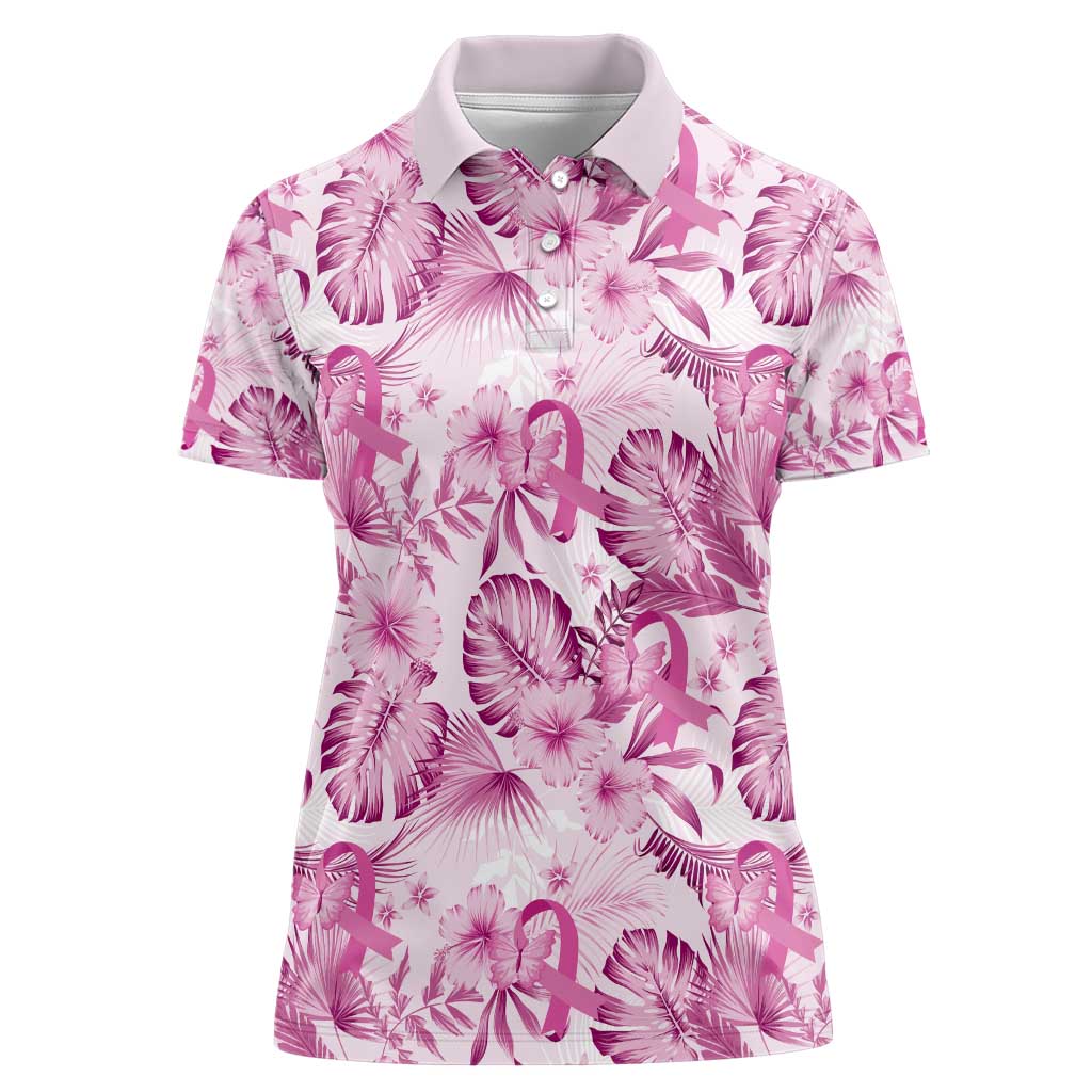 Pink Ribbon Hibiscus Tropical Pattern Women Polo Shirt Breast Cancer