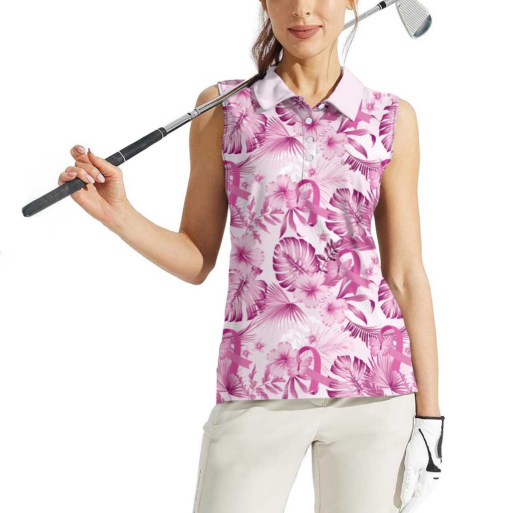 Pink Ribbon Hibiscus Tropical Pattern Women Sleeveless Polo Shirt Breast Cancer