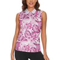 Pink Ribbon Hibiscus Tropical Pattern Women Sleeveless Polo Shirt Breast Cancer