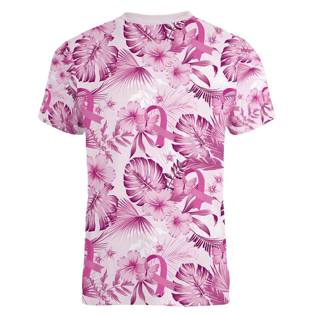 Pink Ribbon Hibiscus Tropical Pattern Women V-Neck T-Shirt Breast Cancer