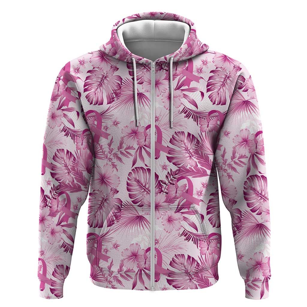 Pink Ribbon Hibiscus Tropical Pattern Zip Hoodie Breast Cancer