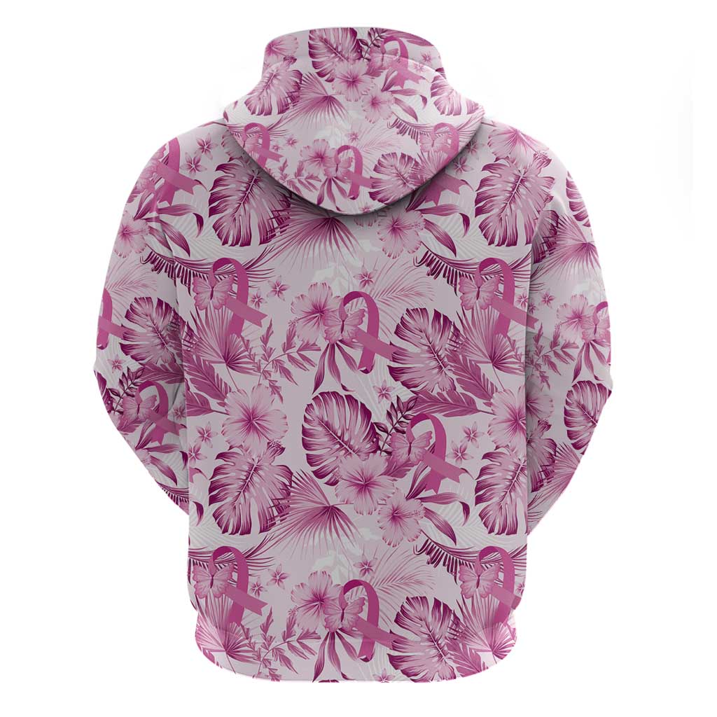 Pink Ribbon Hibiscus Tropical Pattern Zip Hoodie Breast Cancer