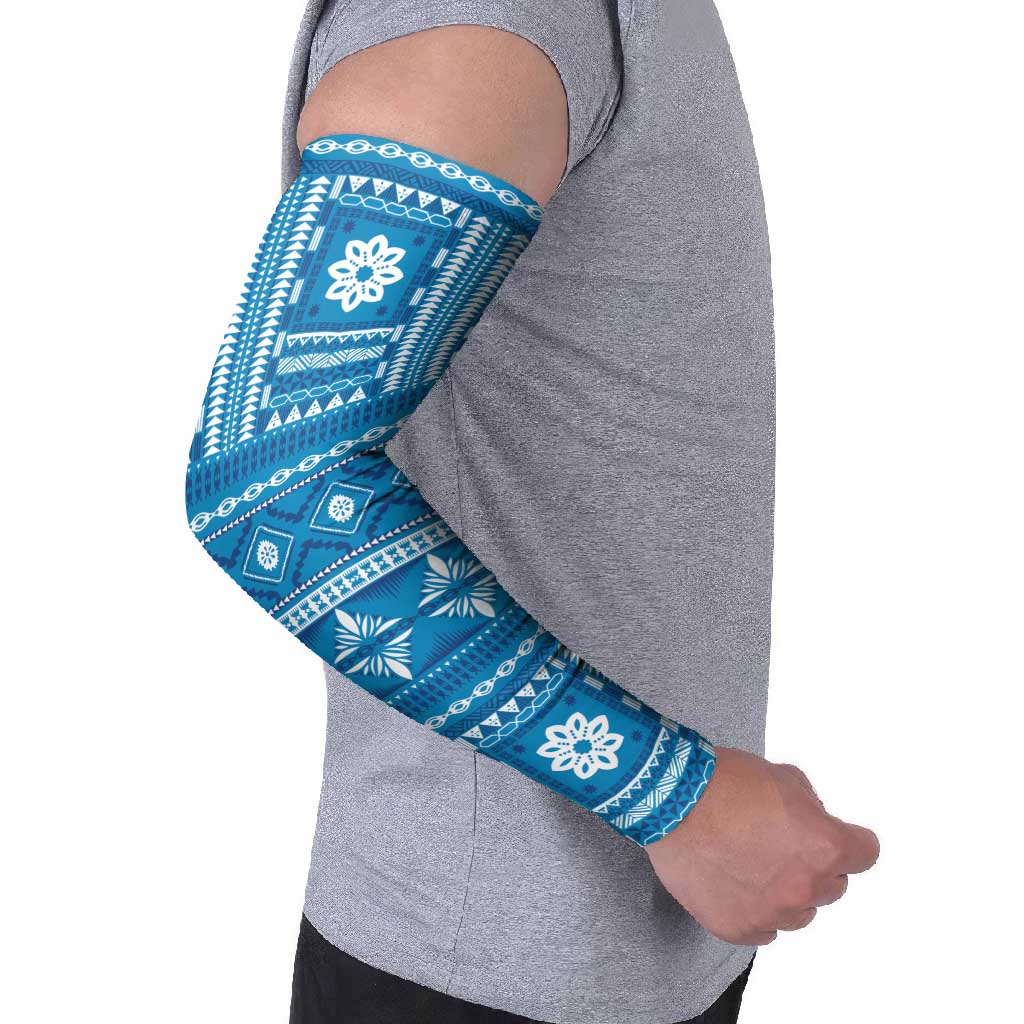Fiji Masi All Blue Arm Sleeves Tapa Pattern - Polynesian Pride