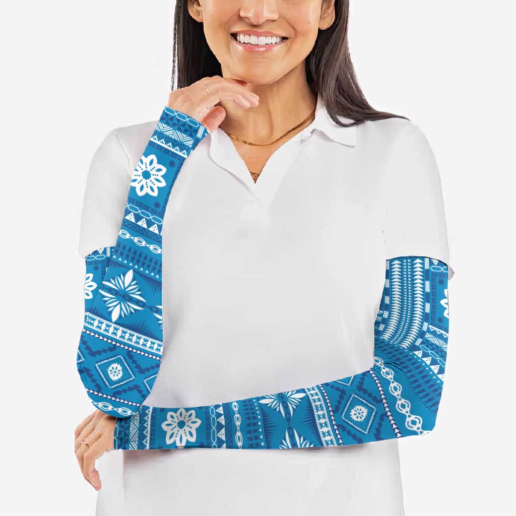 Fiji Masi All Blue Arm Sleeves Tapa Pattern - Polynesian Pride