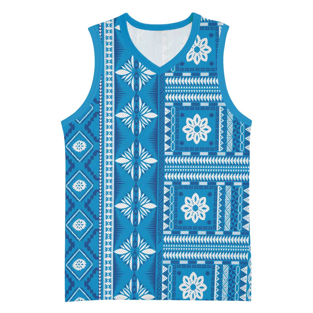 Fiji Masi All Blue Basketball Jersey Tapa Pattern - Polynesian Pride