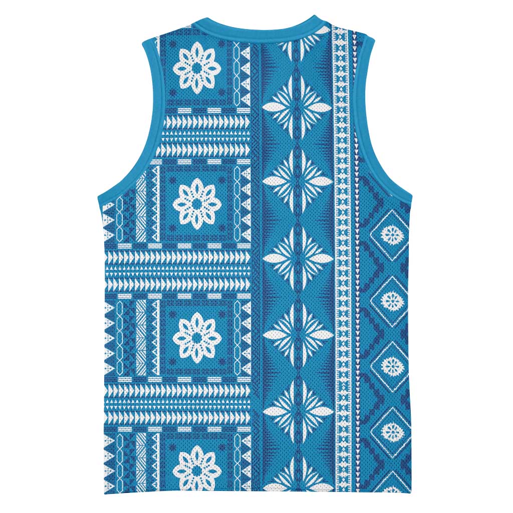 Fiji Masi All Blue Basketball Jersey Tapa Pattern - Polynesian Pride
