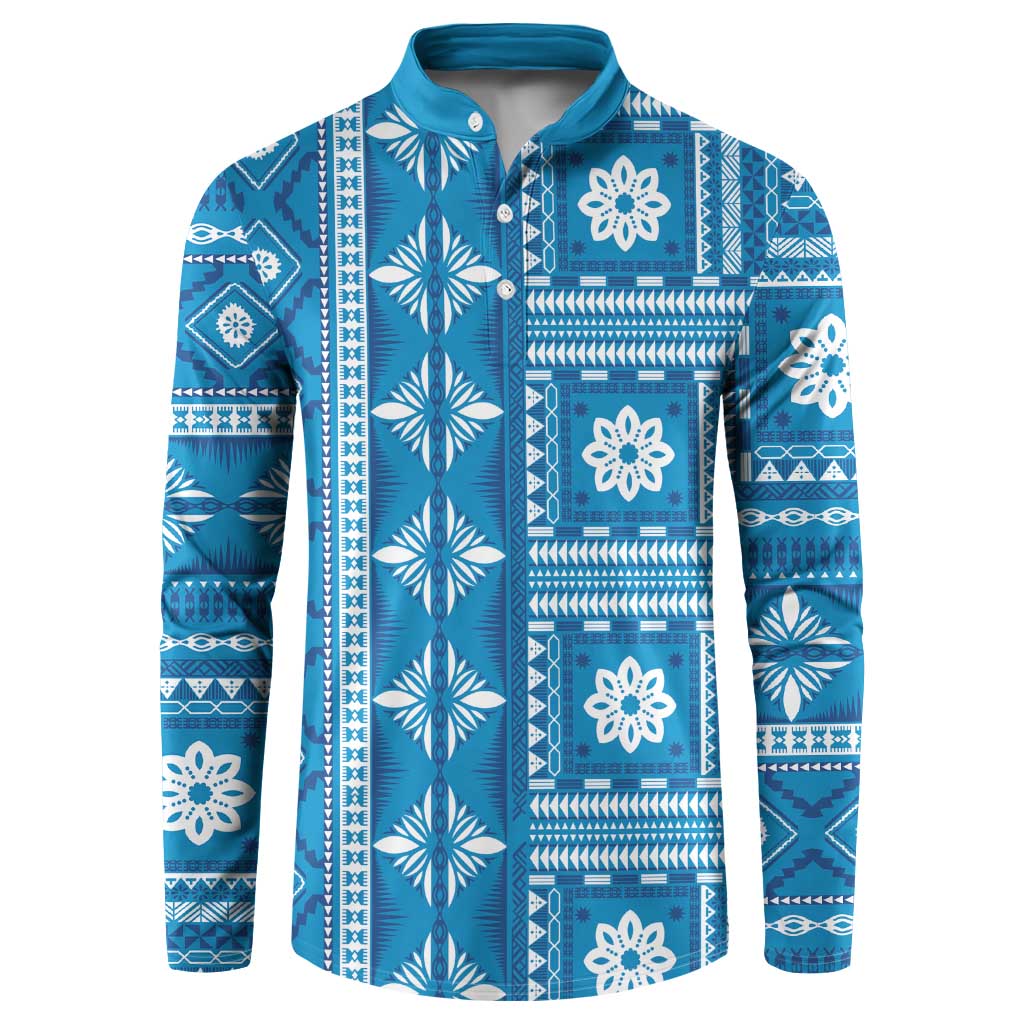 Fiji Masi All Blue Button Sweatshirt Tapa Pattern - Polynesian Pride