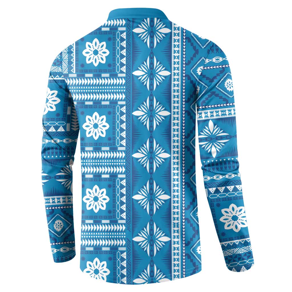 Fiji Masi All Blue Button Sweatshirt Tapa Pattern - Polynesian Pride