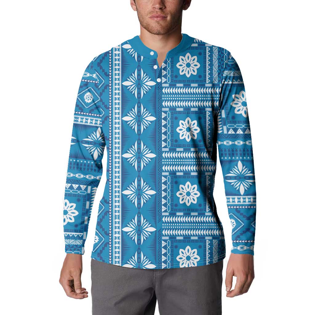 Fiji Masi All Blue Button Sweatshirt Tapa Pattern - Polynesian Pride