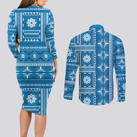 Fiji Masi All Blue Couples Matching Long Sleeve Bodycon Dress and Long Sleeve Button Shirt Tapa Pattern - Polynesian Pride
