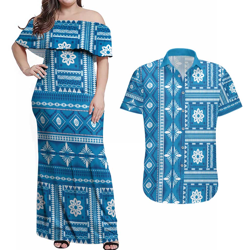 Fiji Masi All Blue Couples Matching Off Shoulder Maxi Dress and Hawaiian Shirt Tapa Pattern - Polynesian Pride