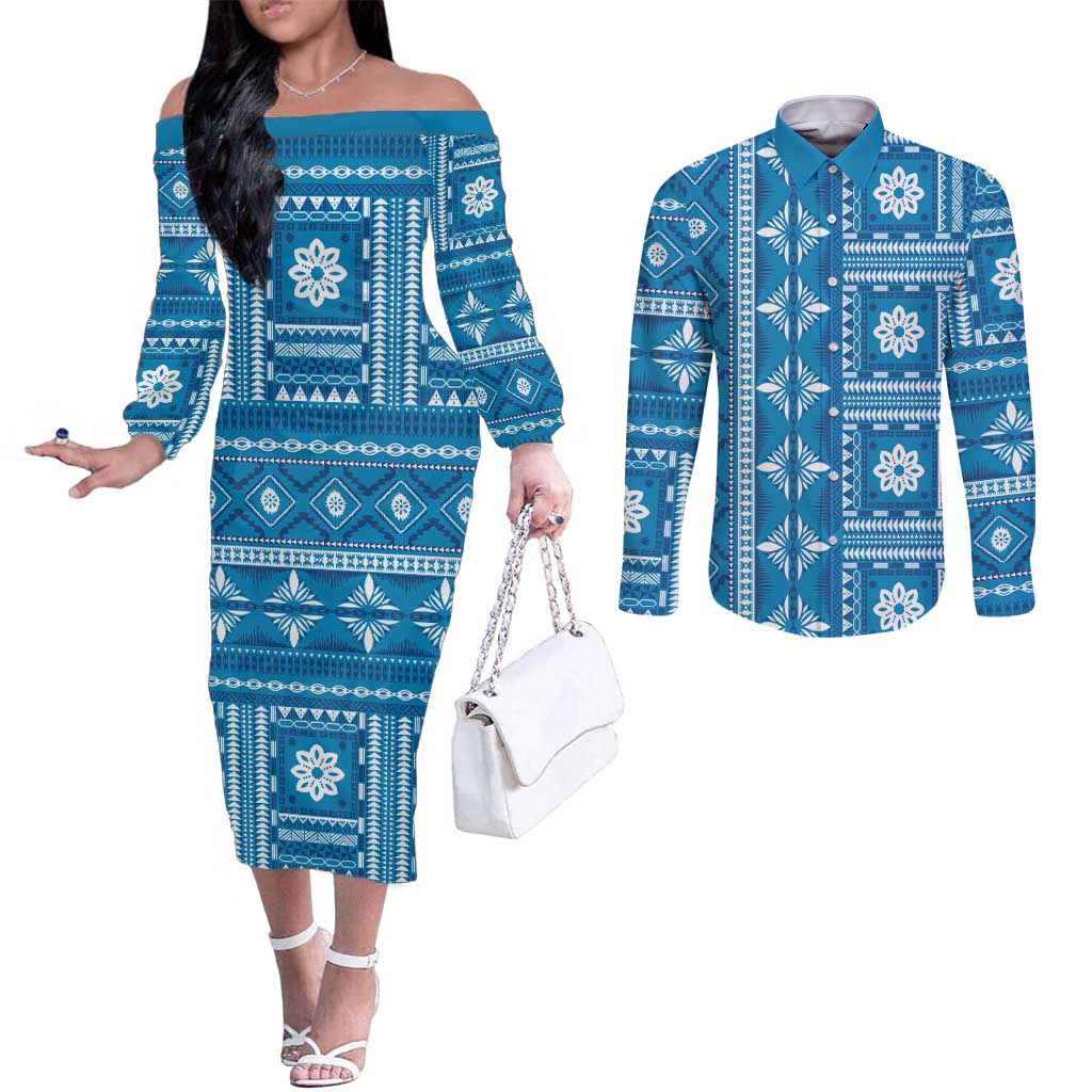 Fiji Masi All Blue Couples Matching Off The Shoulder Long Sleeve Dress and Long Sleeve Button Shirt Tapa Pattern - Polynesian Pride
