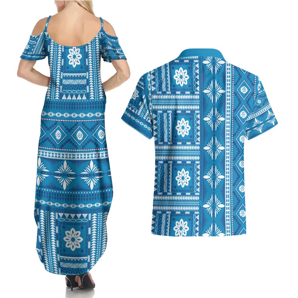 Fiji Masi All Blue Couples Matching Summer Maxi Dress and Hawaiian Shirt Tapa Pattern - Polynesian Pride