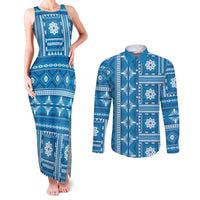 Fiji Masi All Blue Couples Matching Tank Maxi Dress and Long Sleeve Button Shirt Tapa Pattern - Polynesian Pride