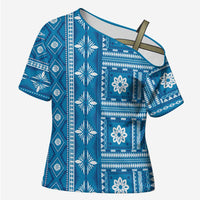 Fiji Masi All Blue Cross Shoulder Shirt Tapa Pattern - Polynesian Pride