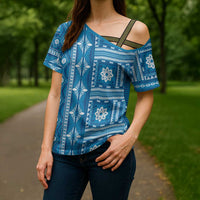 Fiji Masi All Blue Cross Shoulder Shirt Tapa Pattern - Polynesian Pride