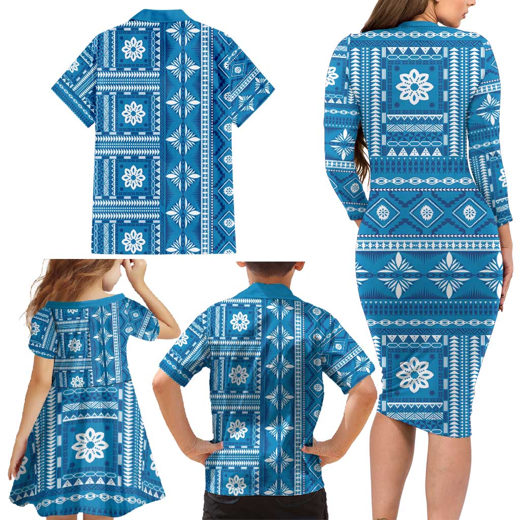 Fiji Masi All Blue Family Matching Long Sleeve Bodycon Dress and Hawaiian Shirt Tapa Pattern - Polynesian Pride