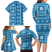 Fiji Masi All Blue Family Matching Long Sleeve Bodycon Dress and Hawaiian Shirt Tapa Pattern - Polynesian Pride