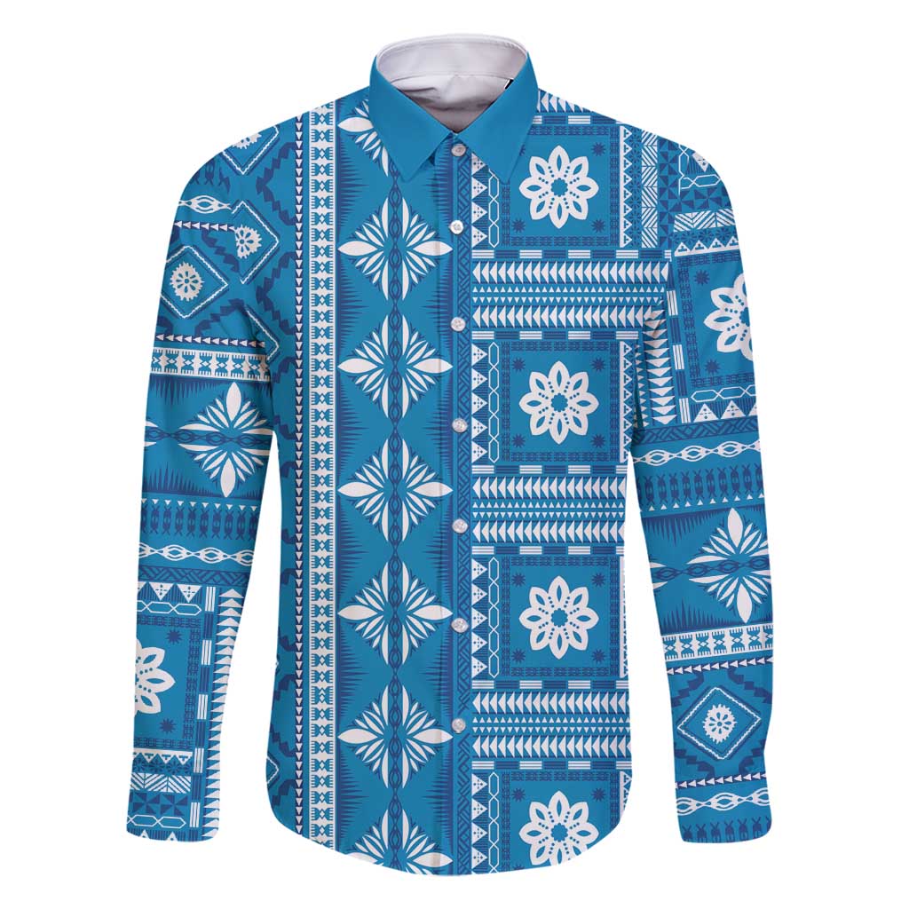 Fiji Masi All Blue Family Matching Long Sleeve Bodycon Dress and Hawaiian Shirt Tapa Pattern - Polynesian Pride
