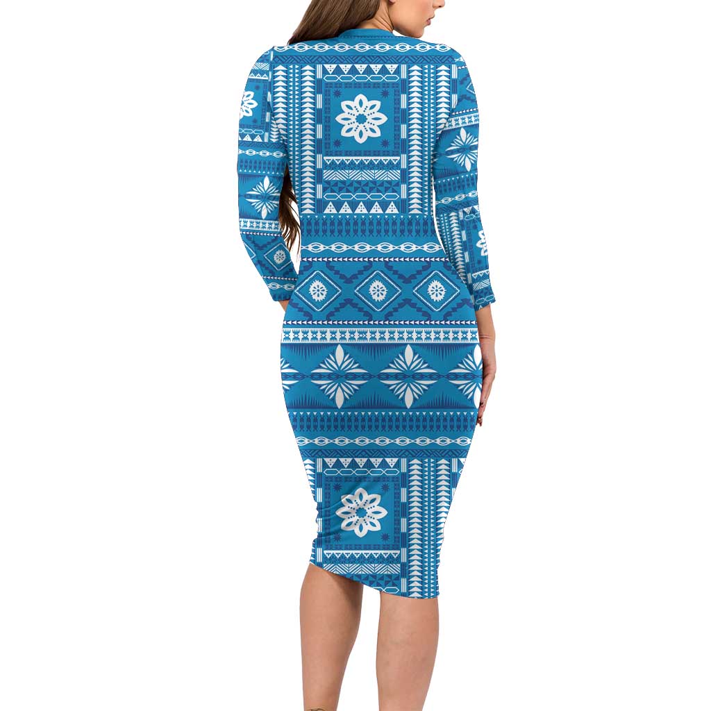Fiji Masi All Blue Family Matching Long Sleeve Bodycon Dress and Hawaiian Shirt Tapa Pattern - Polynesian Pride