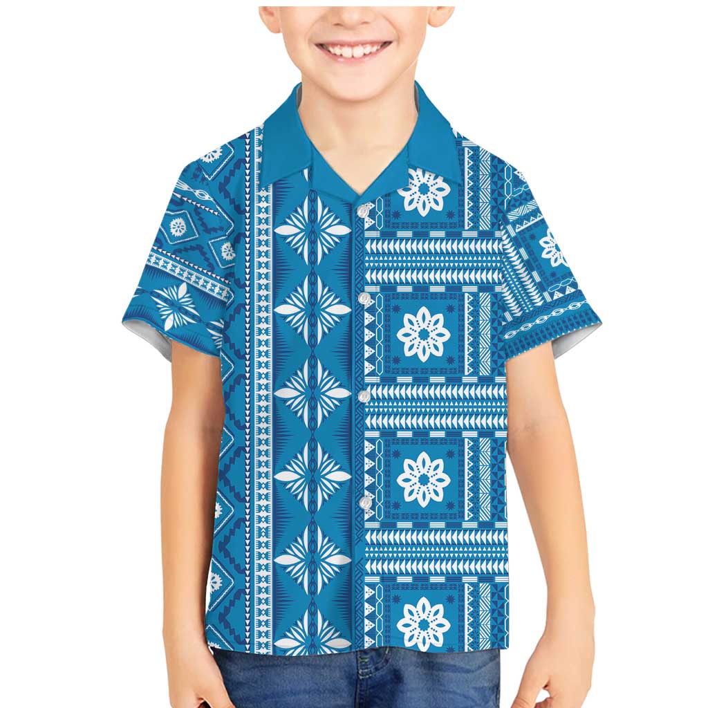 Fiji Masi All Blue Family Matching Mermaid Dress and Hawaiian Shirt Tapa Pattern - Polynesian Pride
