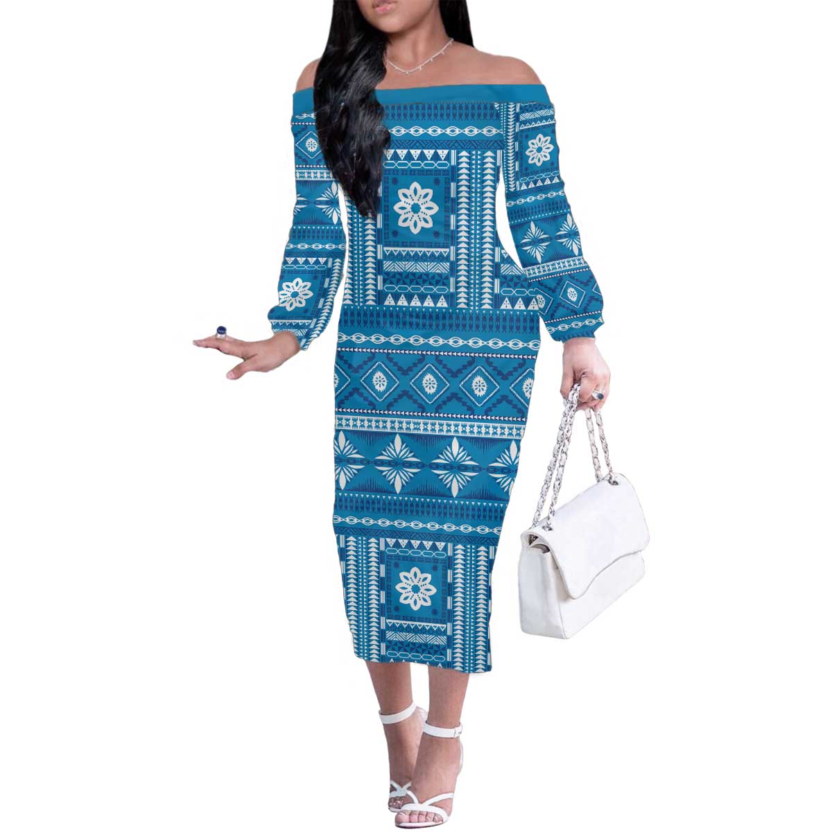 Fiji Masi All Blue Family Matching Off The Shoulder Long Sleeve Dress and Hawaiian Shirt Tapa Pattern - Polynesian Pride