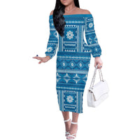 Fiji Masi All Blue Family Matching Off The Shoulder Long Sleeve Dress and Hawaiian Shirt Tapa Pattern - Polynesian Pride